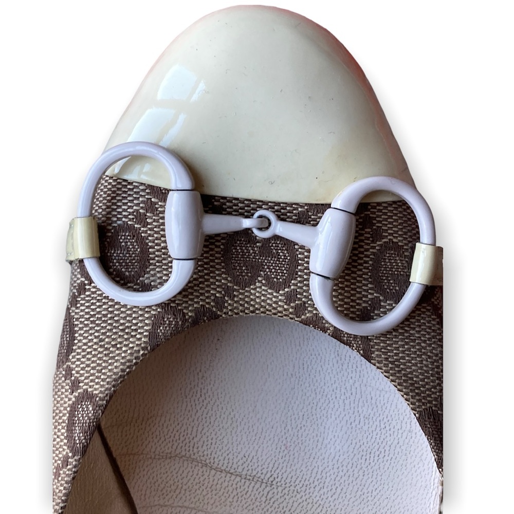 Gucci Patent Leather Monogrammed Canvas Horsebit Captoe Ballet Flats